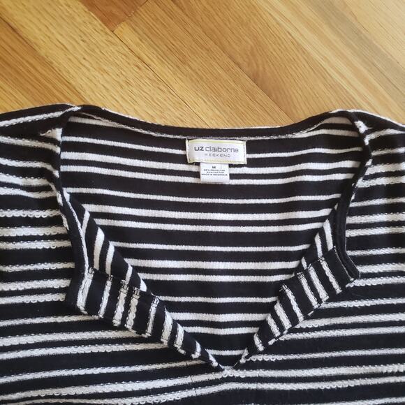 Liz Claiborne Weekend Striped Tunic Top Women’s M Black White 3/4 Sleeve V-Neck - Picture 5 of 8